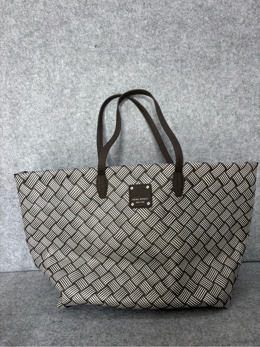 Henri Bendel Centennial Stripe Market Tote Brown & white woven pattern